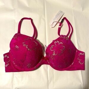 Nwt VICTORIA’S SECRET Perfect Shape pink & silver lace padded push up bra. 32C.